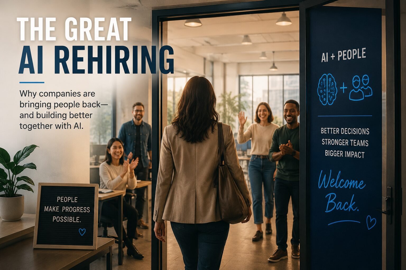 A human worker seated back at a desk beside an AI dashboard, illustrating companies rehiring people after AI-driven layoffs