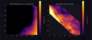 Side-by-side lunar south-pole illumination heatmaps: PGDA predicted (LOLA topography and sun-angle simulation) versus ShadowCam observed (KPLO orbiter).