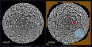 Lunar south-pole orthographic mosaic (Clementine Mission) next to the LunarSite solo ML pipeline's zero-shot Stage 2 prediction, candidate landing regions highlighted in red and blue.