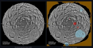 Lunar south-pole orthographic mosaic (Clementine Mission) next to the LunarSite solo ML pipeline's zero-shot Stage 2 prediction, candidate landing regions highlighted in red and blue.