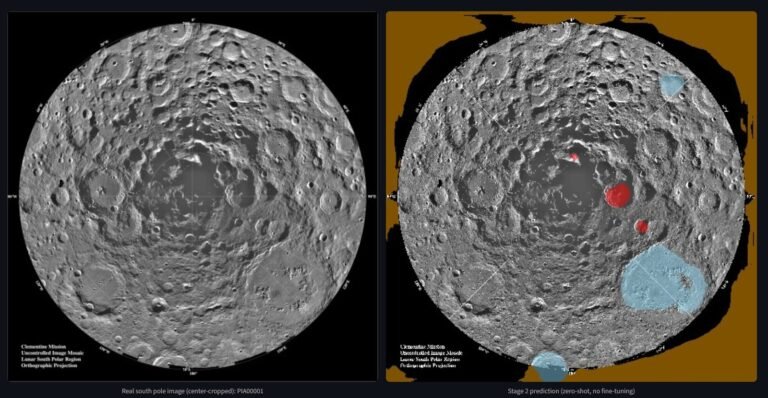 Lunar south-pole orthographic mosaic (Clementine Mission) next to the LunarSite solo ML pipeline's zero-shot Stage 2 prediction, candidate landing regions highlighted in red and blue.