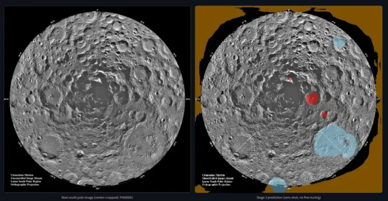Lunar south-pole orthographic mosaic (Clementine Mission) next to the LunarSite solo ML pipeline's zero-shot Stage 2 prediction, candidate landing regions highlighted in red and blue.