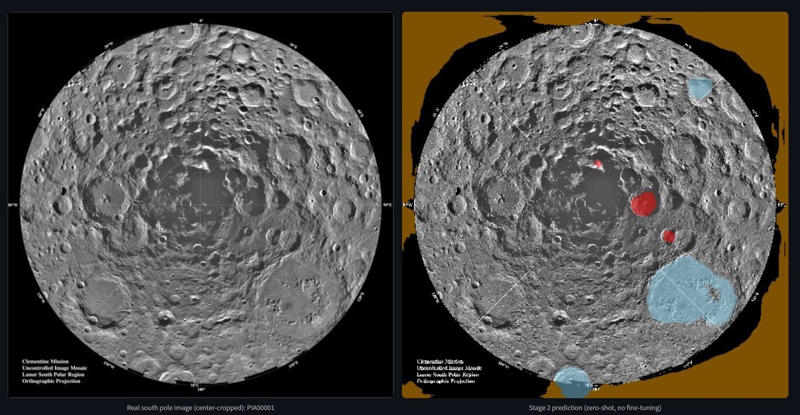Lunar south-pole orthographic mosaic (Clementine Mission) next to the LunarSite solo ML pipeline's zero-shot Stage 2 prediction, candidate landing regions highlighted in red and blue.