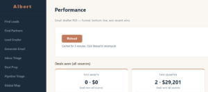 Albert's performance dashboard: two deals won this quarter worth $29,201