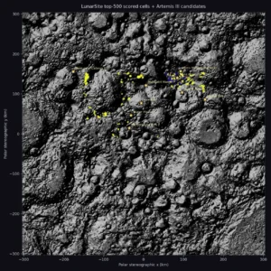 Map of top-ranked lunar south pole landing site predictions