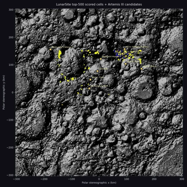 Map of top-ranked lunar south pole landing site predictions