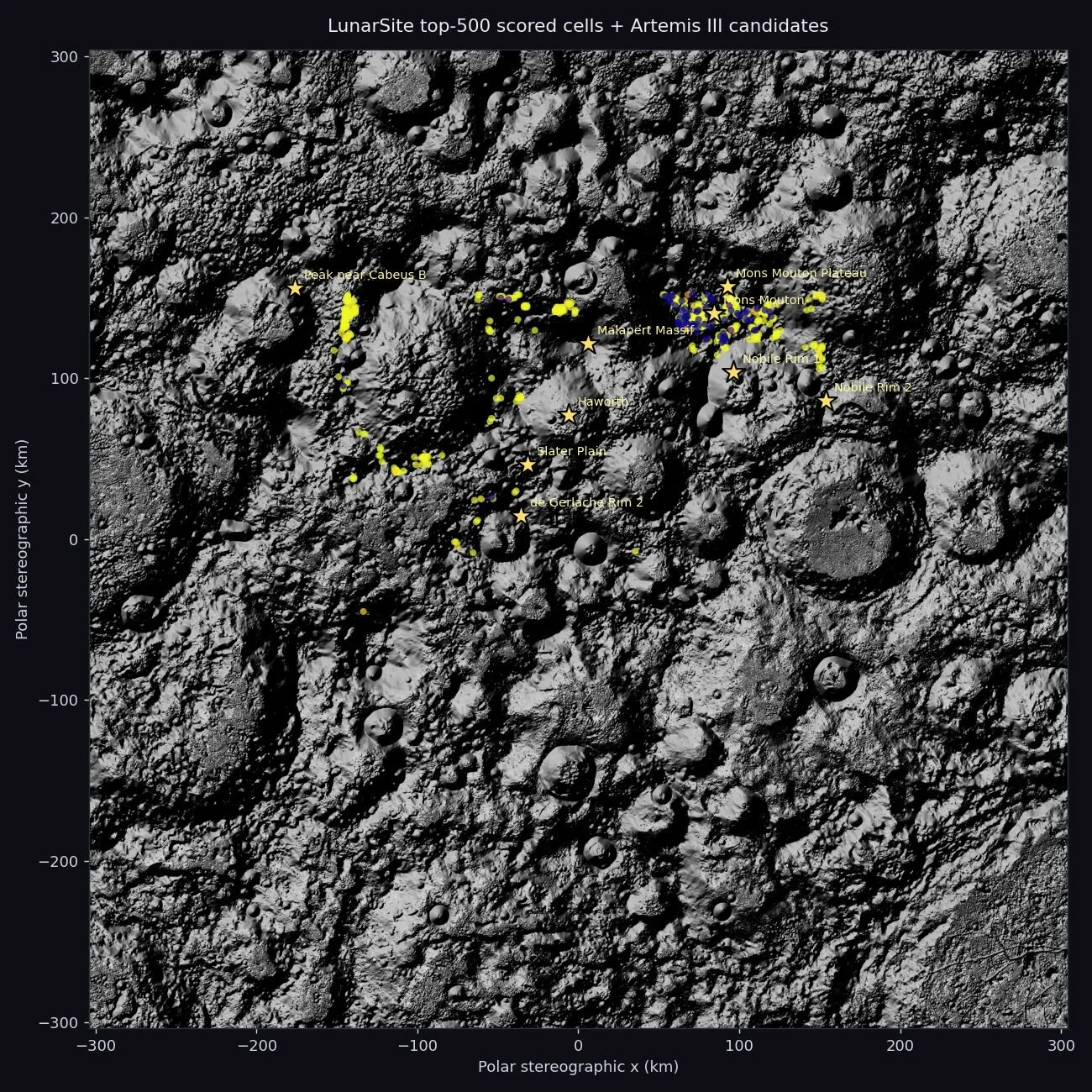Map of top-ranked lunar south pole landing site predictions