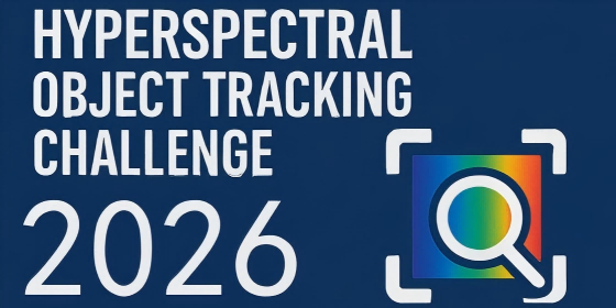 Hyperspectral Object Tracking Challenge 2026 title card, with a magnifying glass over a rainbow spectral swatch inside a camera focus bracket.