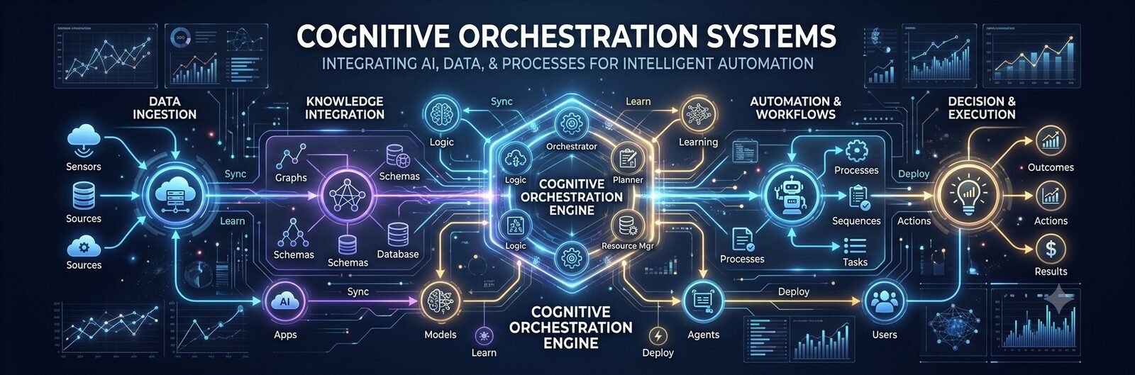 A schematic of a cognitive system: data ingestion and knowledge integration feeding a central orchestration engine that plans, learns, and drives automated decisions and actions.