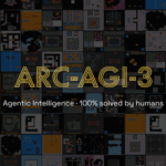 ARC-AGI-3 title card over a grid of colorful abstract puzzle tiles, with the tagline Agentic Intelligence, 100% solved by humans.