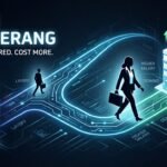 The AI Boomerang: a laid-off worker loops back on a glowing circuit path from a cost-cutting building to a rehiring one at a higher salary, illustrating companies rehiring the staff they replaced with AI