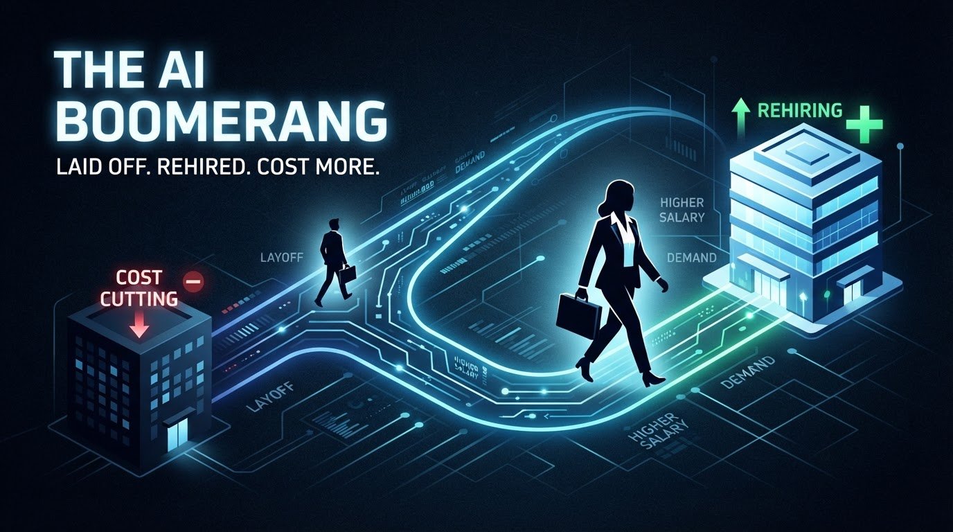 The AI Boomerang: a laid-off worker loops back on a glowing circuit path from a cost-cutting building to a rehiring one at a higher salary, illustrating companies rehiring the staff they replaced with AI