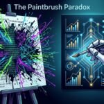 A robotic hand paints clean, structured data charts and network diagrams beside a canvas of chaotic paint splatters over raw binary code, contrasting structured AI architecture with brute-force context.