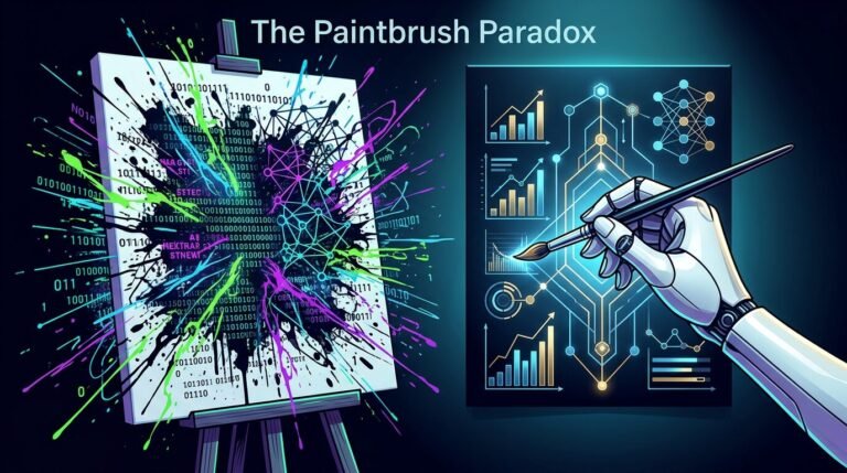A robotic hand paints clean, structured data charts and network diagrams beside a canvas of chaotic paint splatters over raw binary code, contrasting structured AI architecture with brute-force context.