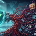 Cables feeding an AI chip behind a green checkmark shield, pulling in propaganda posters, contradictory headlines and cracked screens