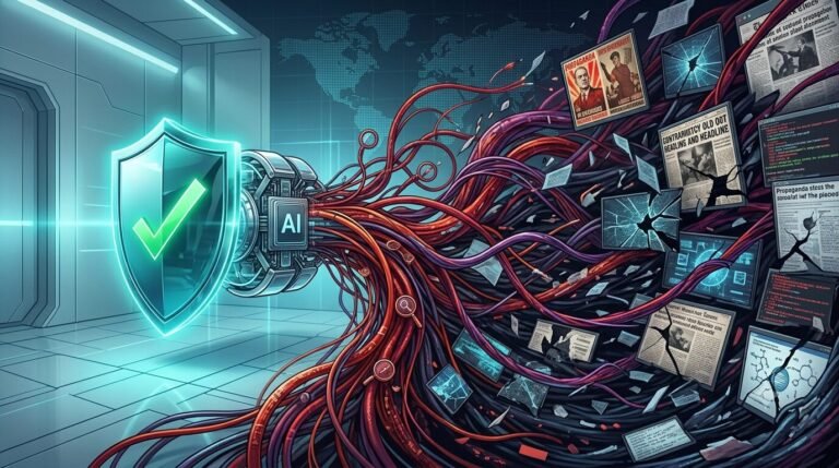 Cables feeding an AI chip behind a green checkmark shield, pulling in propaganda posters, contradictory headlines and cracked screens