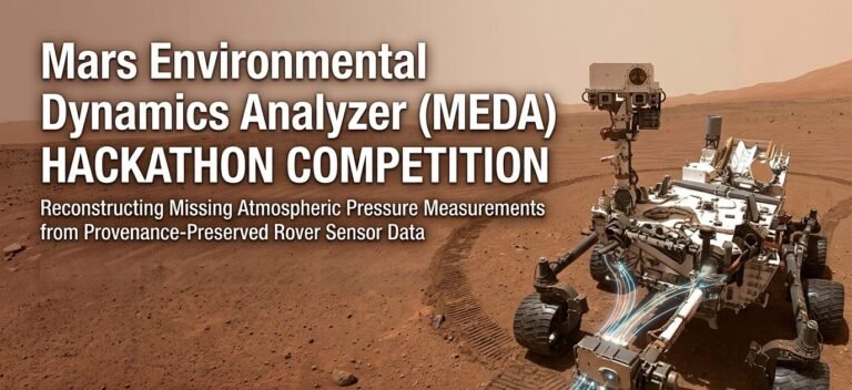Title card for the Mars Environmental Dynamics Analyzer (MEDA) hackathon competition, showing the Perseverance rover on the rust-colored floor of Jezero Crater with its wheel tracks behind it