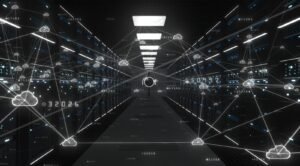 A dark data center corridor of server racks overlaid with a glowing network of cloud nodes and streaming numbers, the infrastructure behind enterprise AI costs.
