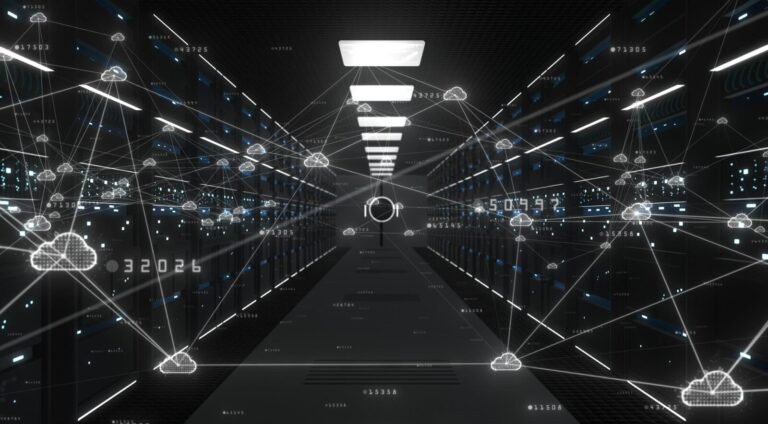 A dark data center corridor of server racks overlaid with a glowing network of cloud nodes and streaming numbers, the infrastructure behind enterprise AI costs.