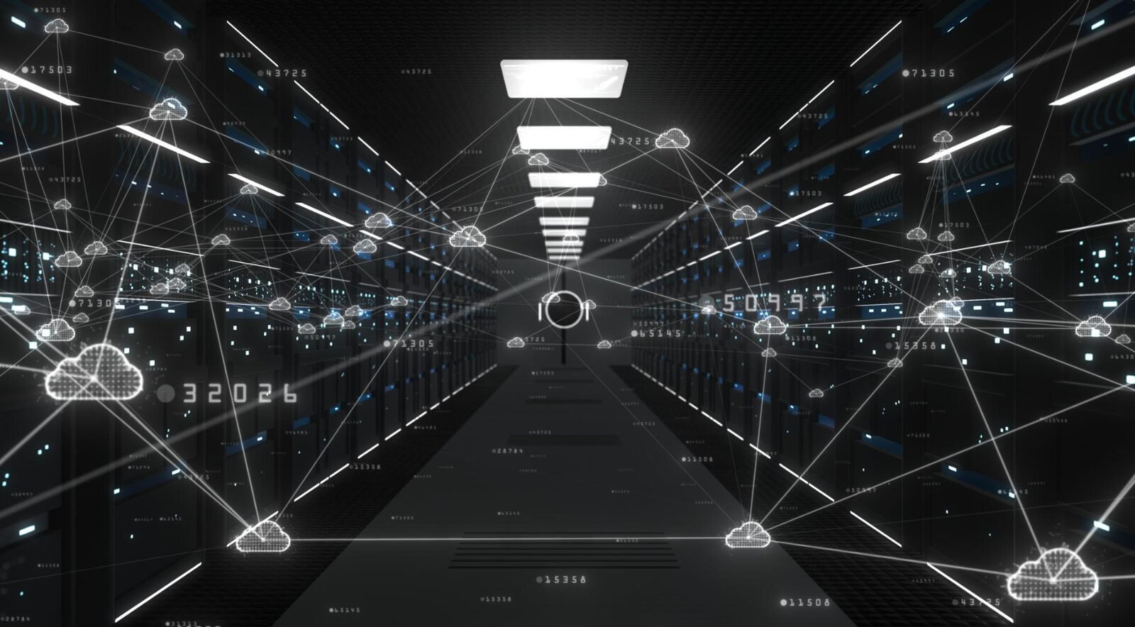 A dark data center corridor of server racks overlaid with a glowing network of cloud nodes and streaming numbers, the infrastructure behind enterprise AI costs.