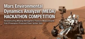Title card for the Mars Environmental Dynamics Analyzer (MEDA) hackathon competition, showing the Perseverance rover on the rust-colored floor of Jezero Crater with its wheel tracks behind it