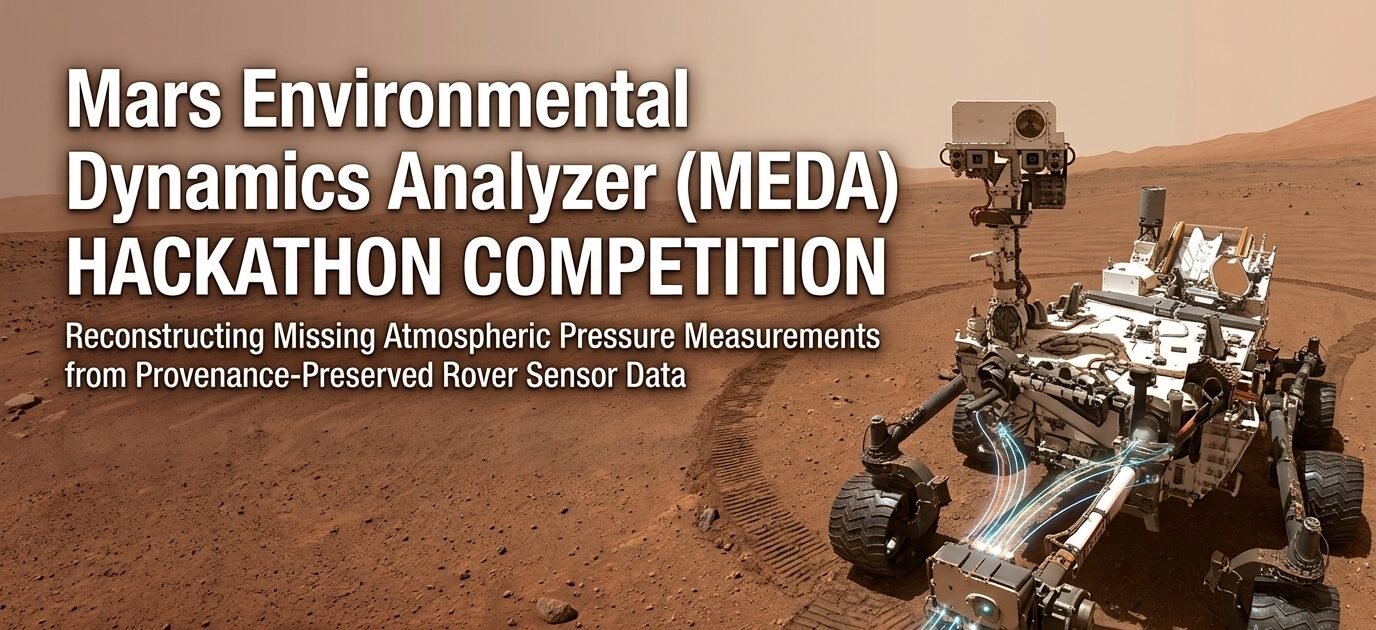 Title card for the Mars Environmental Dynamics Analyzer (MEDA) hackathon competition, showing the Perseverance rover on the rust-colored floor of Jezero Crater with its wheel tracks behind it