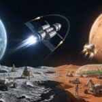 Illustration spanning a lunar base with mission control operators, rovers and a lander on the left, a crewed spacecraft in transit between Earth and Mars in the center, and a Martian settlement with greenhouses, habitats, astronauts and rovers on the right