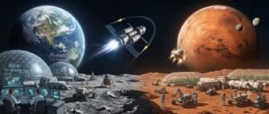 Illustration spanning a lunar base with mission control operators, rovers and a lander on the left, a crewed spacecraft in transit between Earth and Mars in the center, and a Martian settlement with greenhouses, habitats, astronauts and rovers on the right