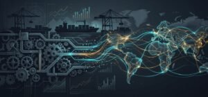 Industrial gears, port cranes, and a container ship on the left dissolving through circuit lines into a glowing cyan and amber network of global shipping routes across a world map, the shift from mechanical optimization to a sensing global supply network.