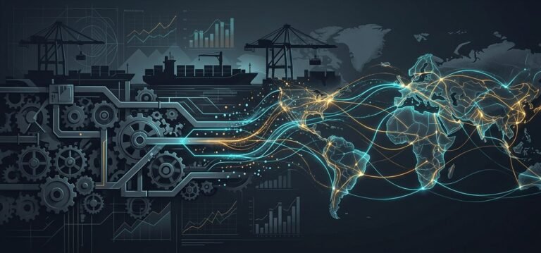 Industrial gears, port cranes, and a container ship on the left dissolving through circuit lines into a glowing cyan and amber network of global shipping routes across a world map, the shift from mechanical optimization to a sensing global supply network.