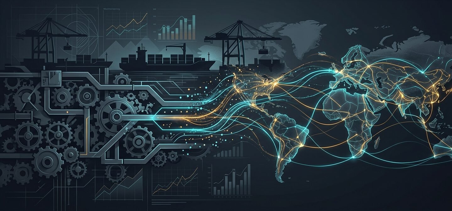 Industrial gears, port cranes, and a container ship on the left dissolving through circuit lines into a glowing cyan and amber network of global shipping routes across a world map, the shift from mechanical optimization to a sensing global supply network.