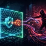 A glowing AI safety wall passing its security check while a hooded attacker reroutes the data streams flowing around it