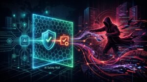 A glowing AI safety wall passing its security check while a hooded attacker reroutes the data streams flowing around it