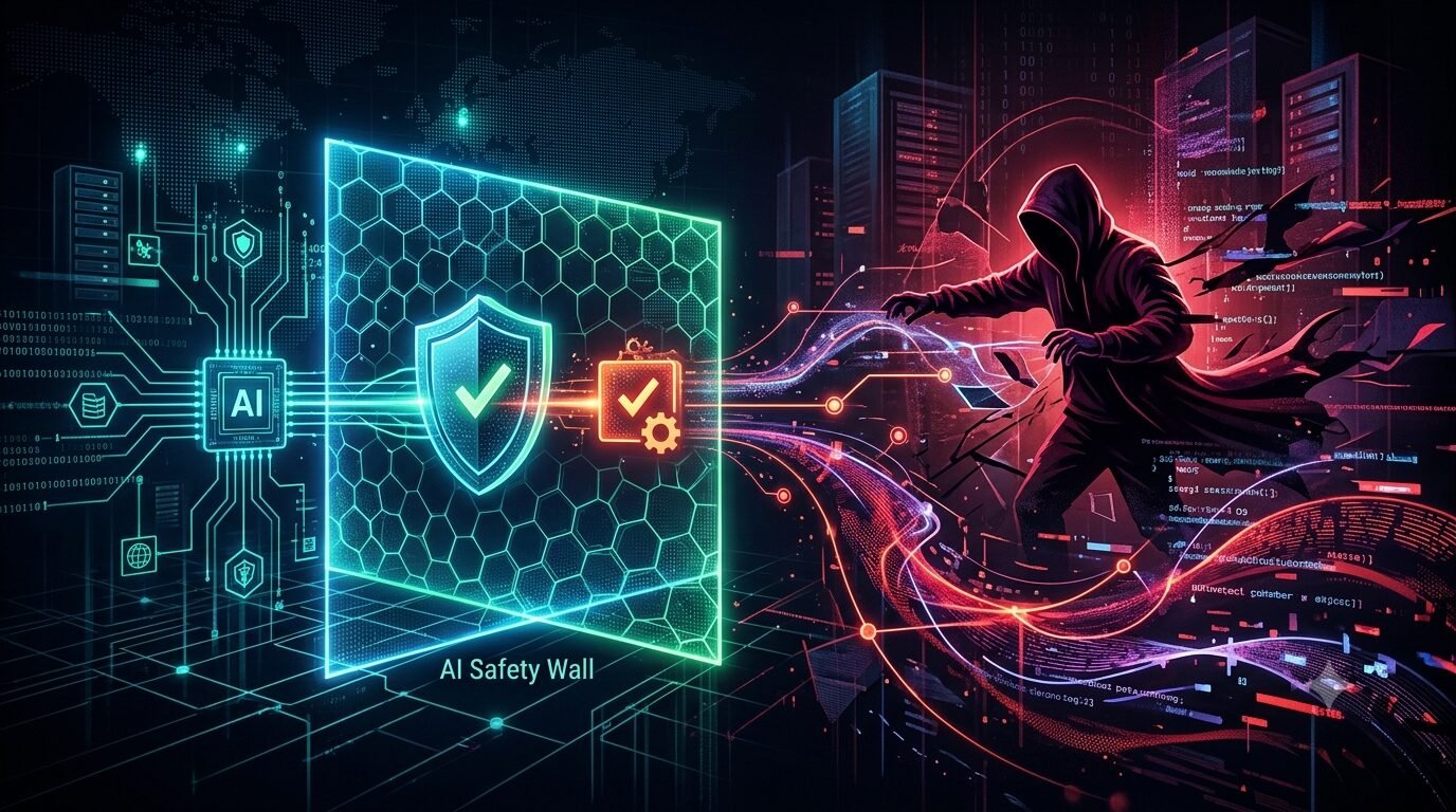 A glowing AI safety wall passing its security check while a hooded attacker reroutes the data streams flowing around it