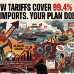 An editorial collage of tariff barriers, container ships, oil derricks, regional conflict and rising price tags, illustrating the overlapping shocks that break supply chain disruption planning.