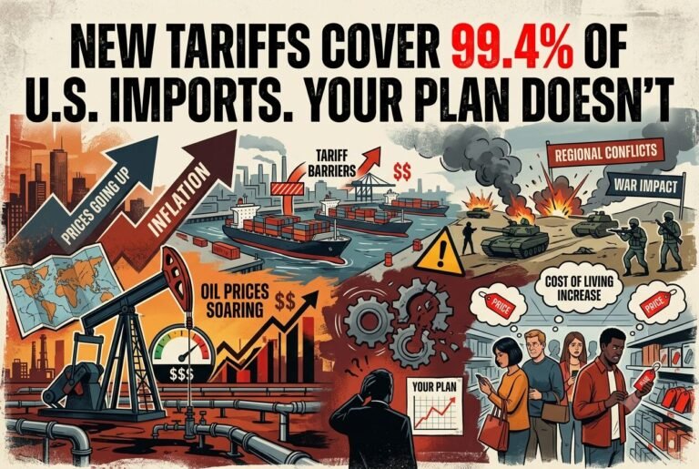 An editorial collage of tariff barriers, container ships, oil derricks, regional conflict and rising price tags, illustrating the overlapping shocks that break supply chain disruption planning.