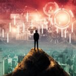 A silhouetted businessman on a mountain peak above a city skyline, with financial charts, data streams, and network diagrams overlaid across the sky, illustrating the vantage point needed to read the market's signals and see a business as a whole system