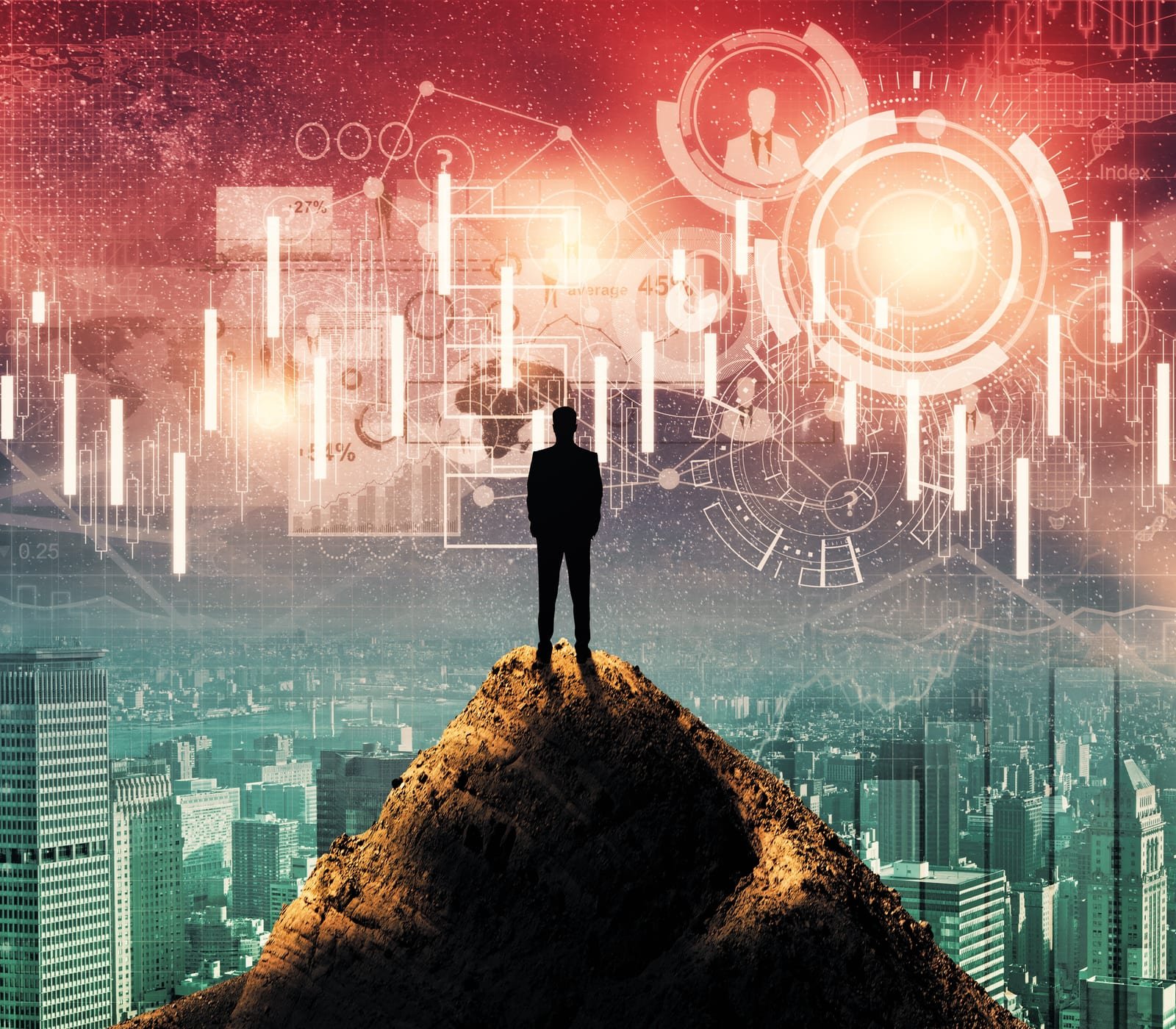 A silhouetted businessman on a mountain peak above a city skyline, with financial charts, data streams, and network diagrams overlaid across the sky, illustrating the vantage point needed to read the market's signals and see a business as a whole system