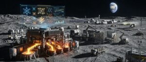 A lunar industrial outpost building on the Moon: a molten regolith electrolysis reactor pours glowing metal into crucibles while a holographic panel tracks silicon, aluminum and iron, with habitat modules, solar arrays and Earth on the horizon behind it.