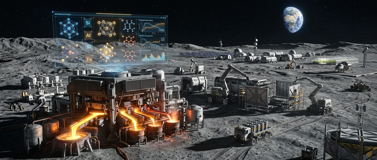 A lunar industrial outpost building on the Moon: a molten regolith electrolysis reactor pours glowing metal into crucibles while a holographic panel tracks silicon, aluminum and iron, with habitat modules, solar arrays and Earth on the horizon behind it.