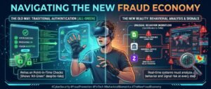 A split-panel illustration contrasting traditional authentication showing all-green login checks against behavioral analysis flagging an unusual QuickBooks to Zelle transfer, the pattern behind business impersonation fraud.