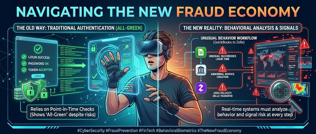 A split-panel illustration contrasting traditional authentication showing all-green login checks against behavioral analysis flagging an unusual QuickBooks to Zelle transfer, the pattern behind business impersonation fraud.