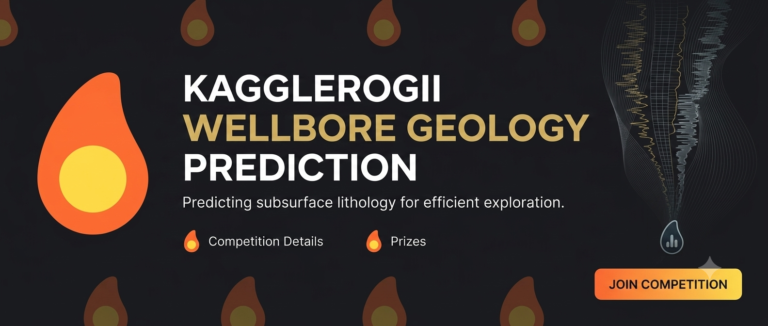 The ROGII Wellbore Geology Prediction competition banner, an orange flame mark beside well-log curves on a dark field, the title card for this Builder Journal series.