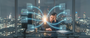 A man works late at a glass desk while eight glowing business dashboards all trace back to a single burning candle in front of him