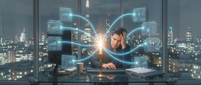 A man works late at a glass desk while eight glowing business dashboards all trace back to a single burning candle in front of him