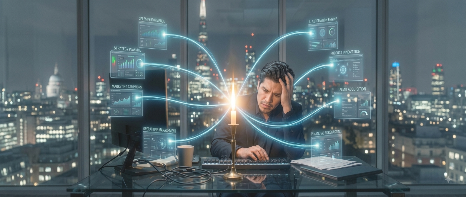 A man works late at a glass desk while eight glowing business dashboards all trace back to a single burning candle in front of him