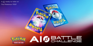 The Pokemon TCG AI Battle Challenge banner, two Pokemon card backs on a red and blue gradient beside the Pokemon Trading Card Game logo and the words AI Battle Challenge.