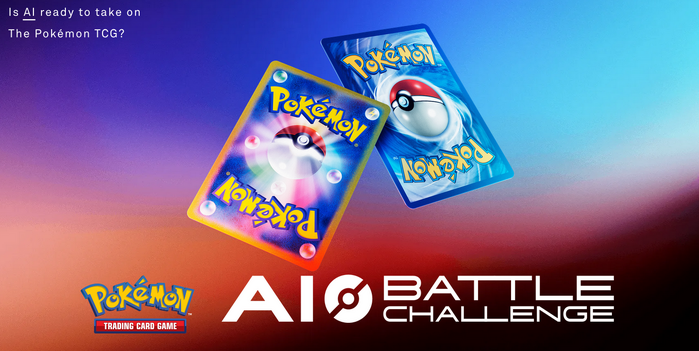 The Pokemon TCG AI Battle Challenge banner, two Pokemon card backs on a red and blue gradient beside the Pokemon Trading Card Game logo and the words AI Battle Challenge.